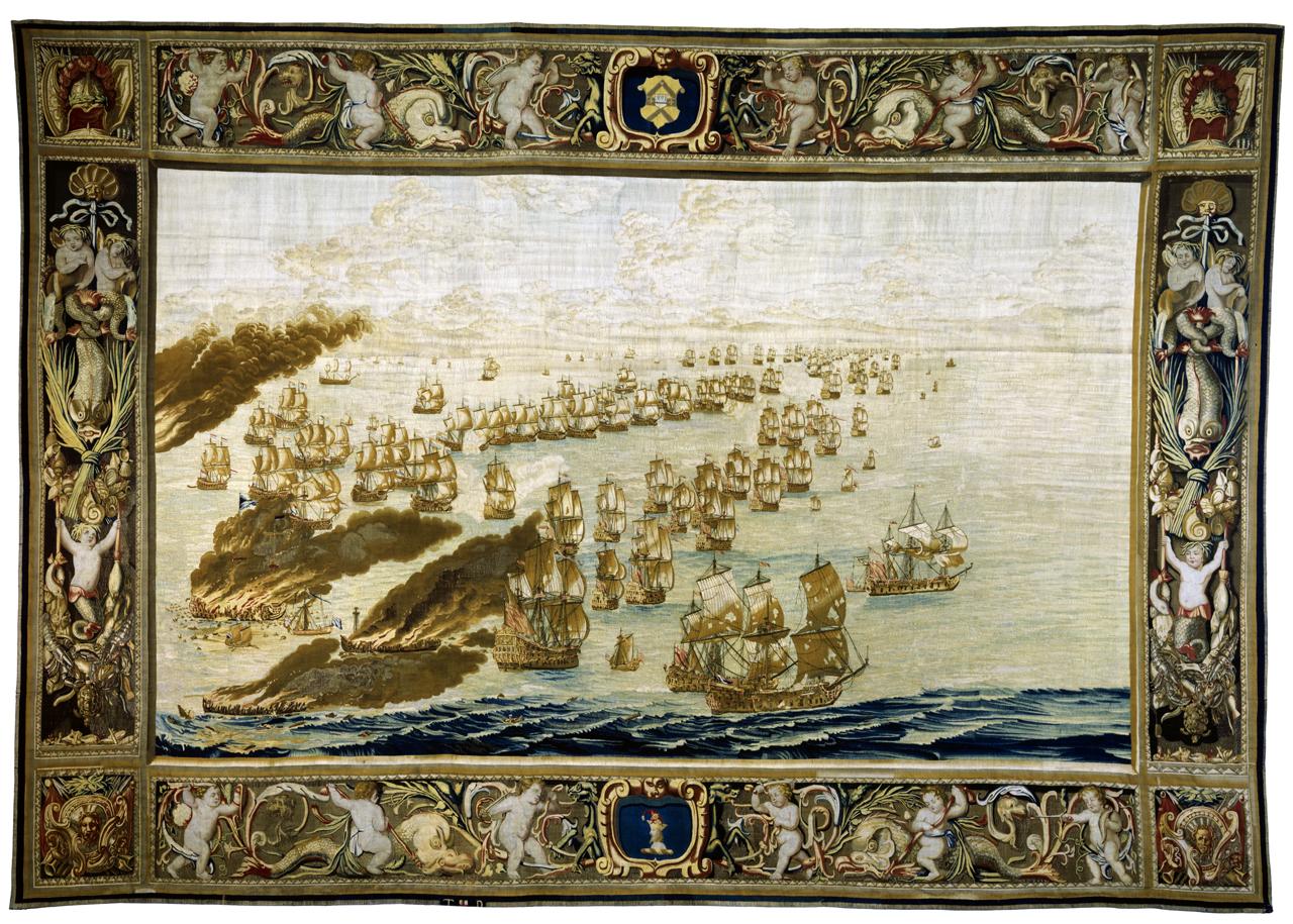 A large tapestry that depicts a naval battle and ships burning at sea